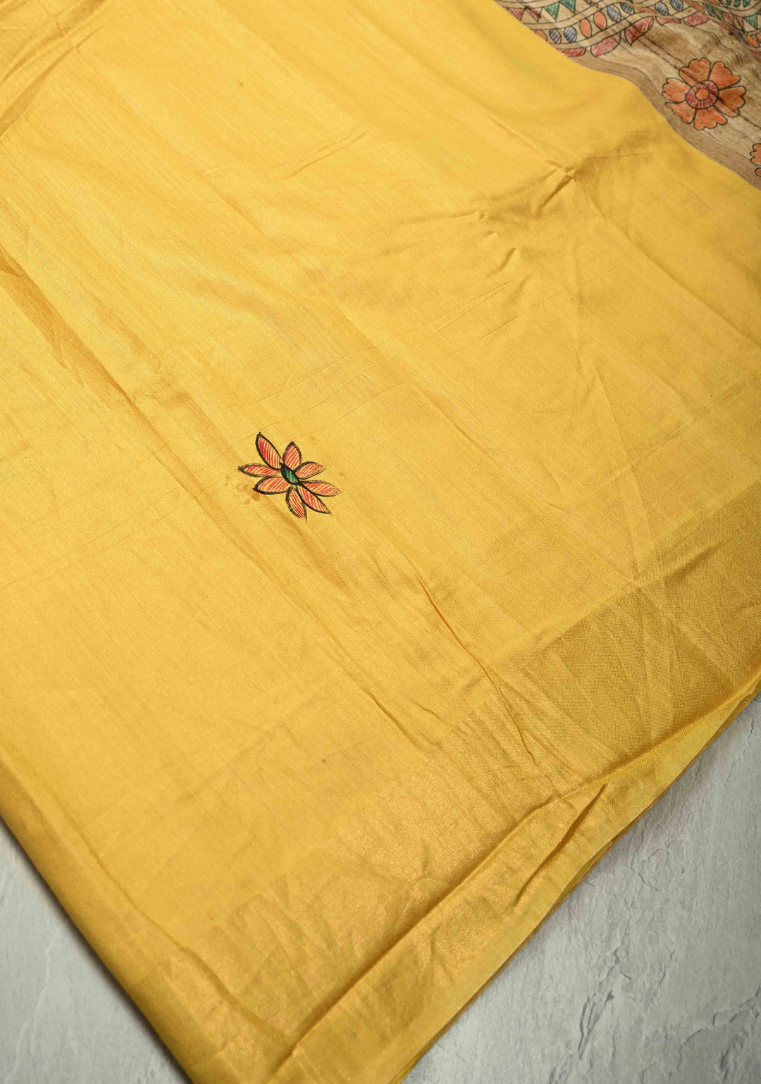 Sulphur Yellow Semi Tussar Silk, adorned with a Madhubani Gecha Tussar Pallu and Zari Border. (Copy)