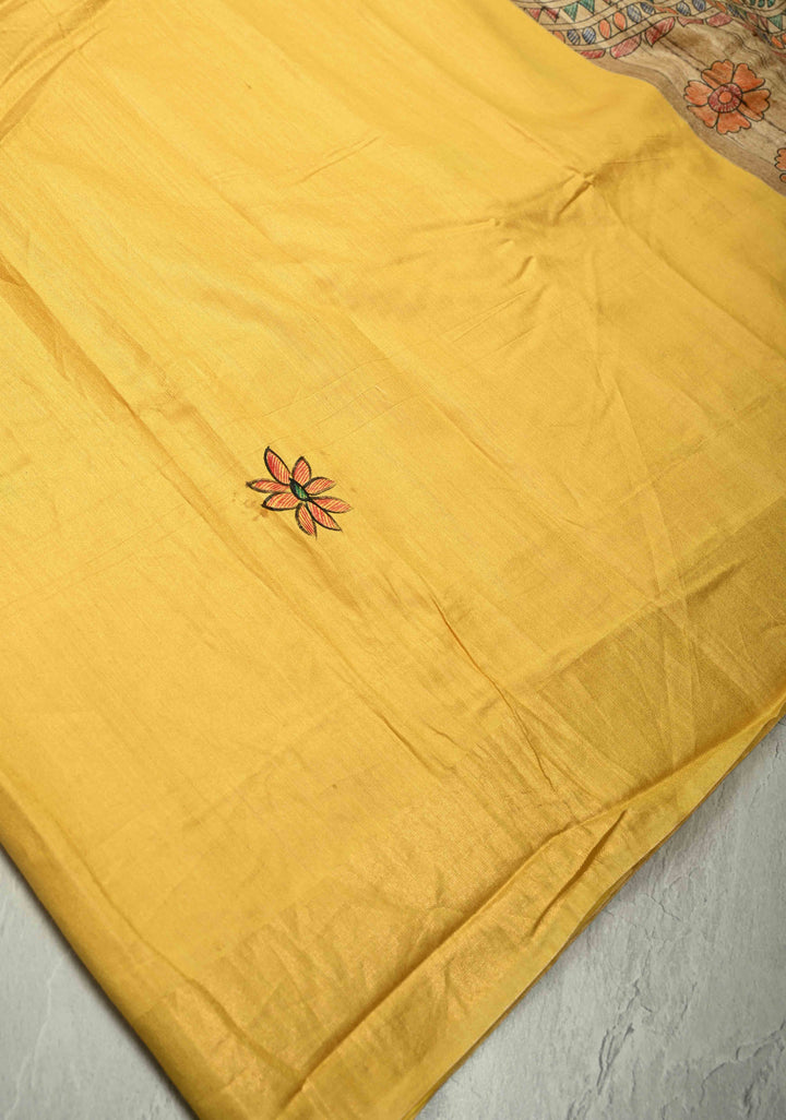 Sulphur Yellow Semi Tussar Silk, adorned with a Madhubani Gecha Tussar Pallu and Zari Border. (Copy)