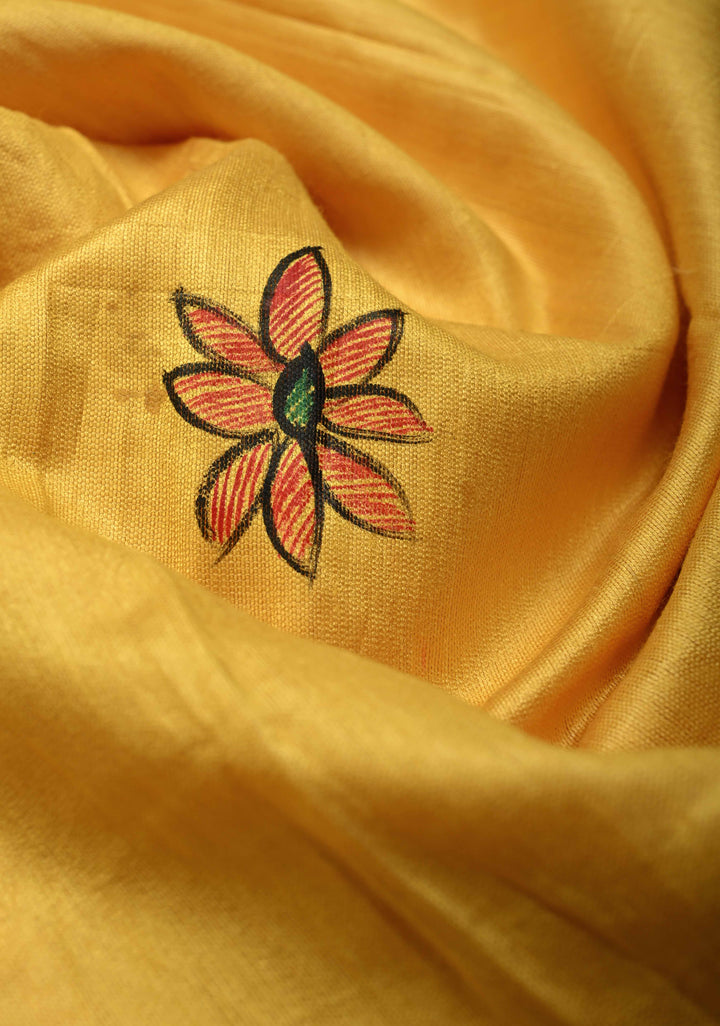 Sulphur Yellow Semi Tussar Silk, adorned with a Madhubani Gecha Tussar Pallu and Zari Border. (Copy)