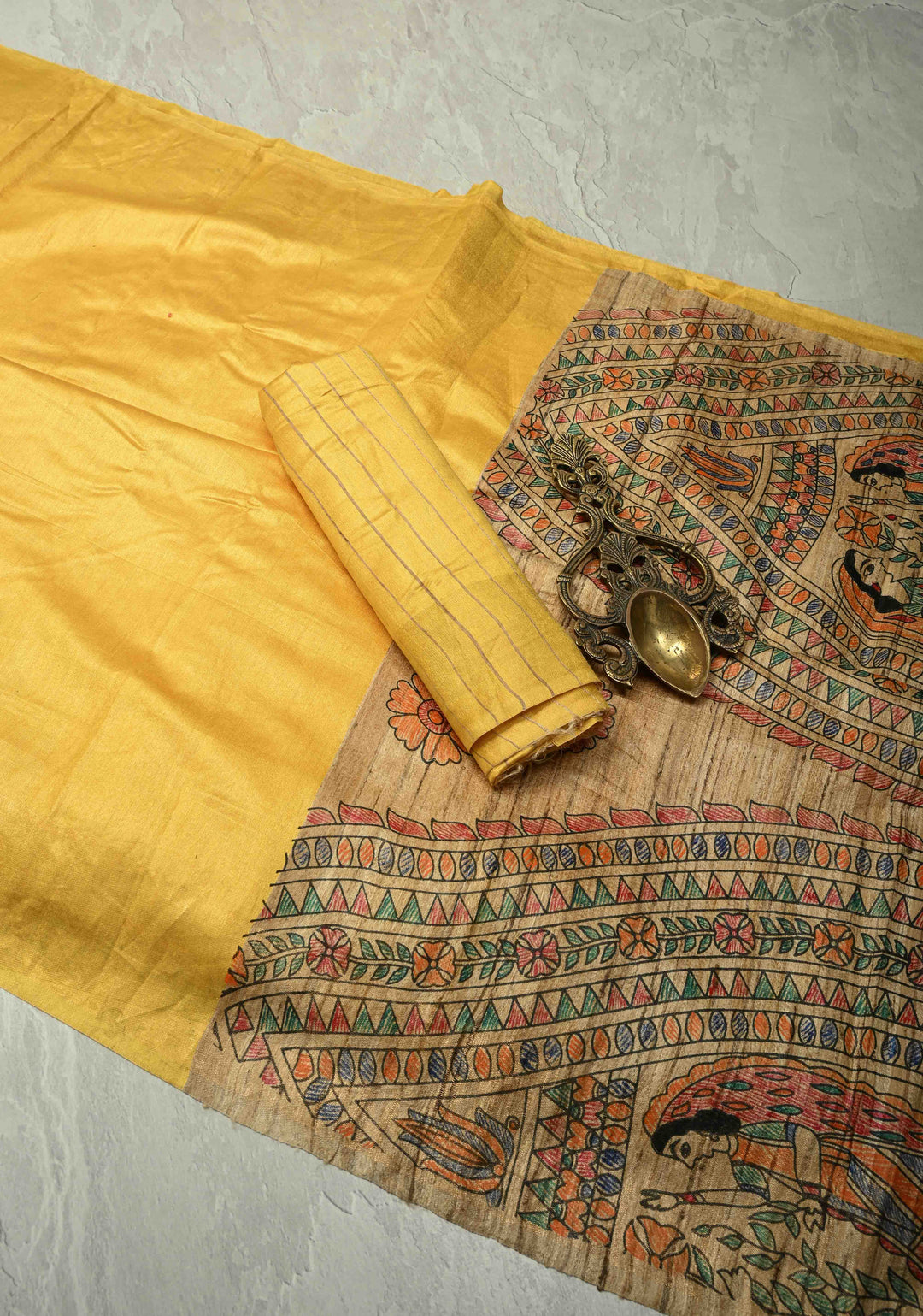 Sulphur Yellow Semi Tussar Silk, adorned with a Madhubani Gecha Tussar Pallu and Zari Border. (Copy)