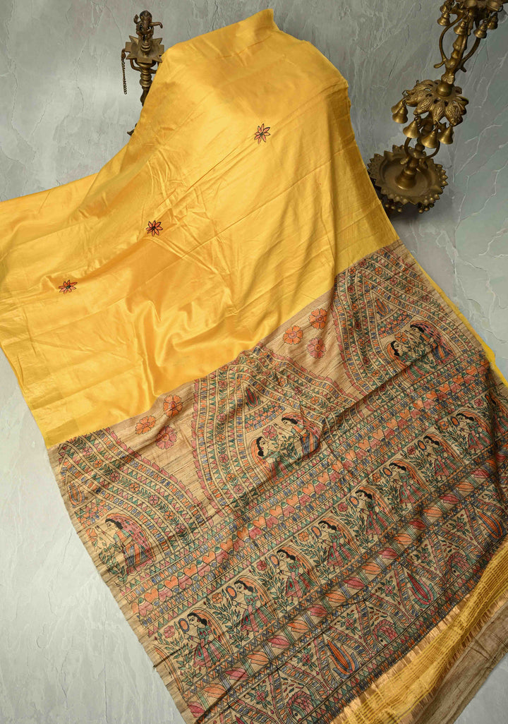 Sulphur Yellow Semi Tussar Silk, adorned with a Madhubani Gecha Tussar Pallu and Zari Border. (Copy)