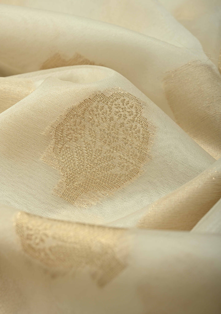 Ivory Banarasi Semi Kora Saree with Sona Rupa Buttas and Zari Border