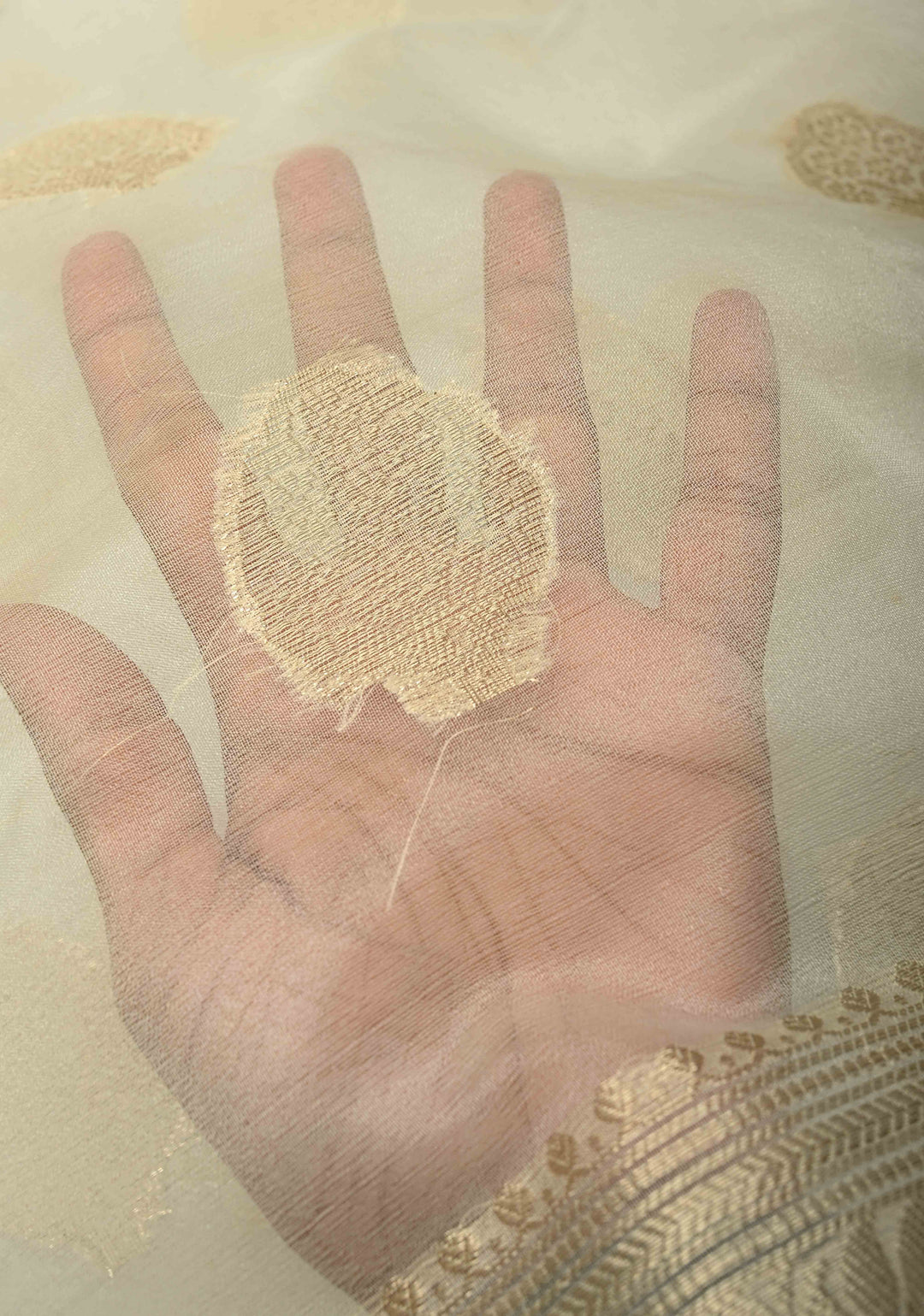 Ivory Banarasi Semi Kora Saree with Sona Rupa Buttas and Zari Border