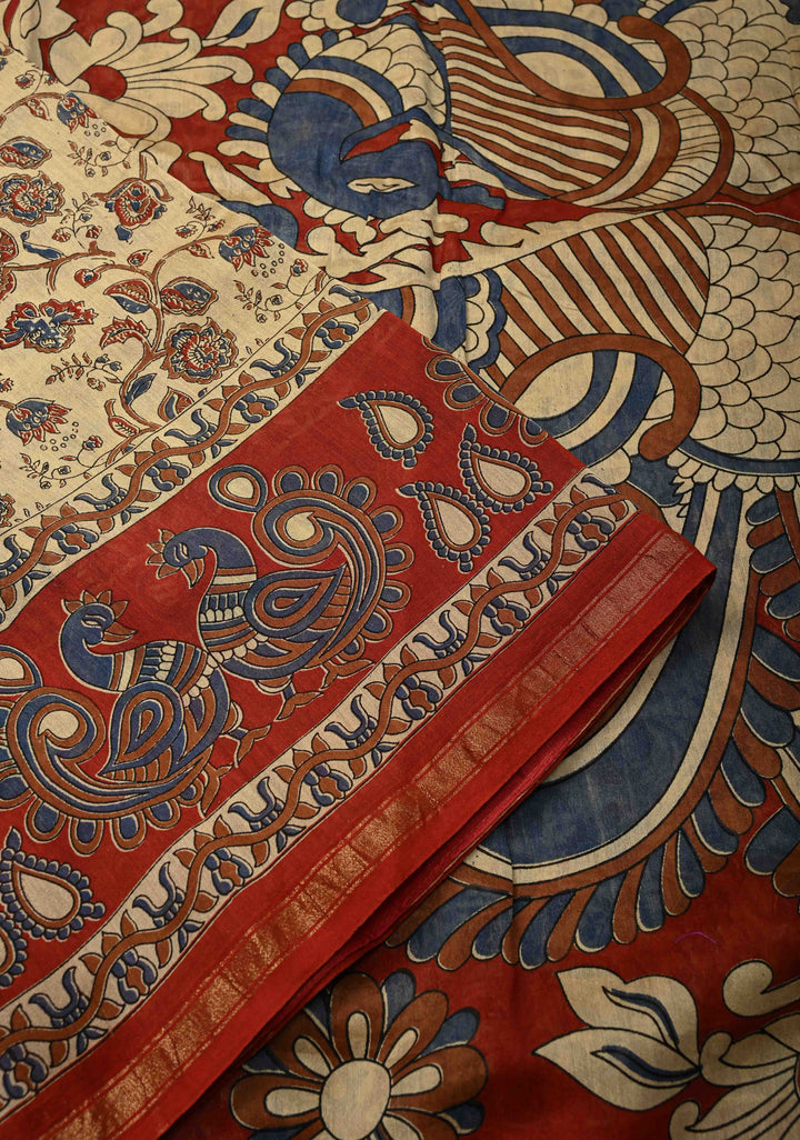 Khaki Chanderi Silk Cotton Saree with Ajrakh Hand Block Print and Minimal Zari Borders (Copy)