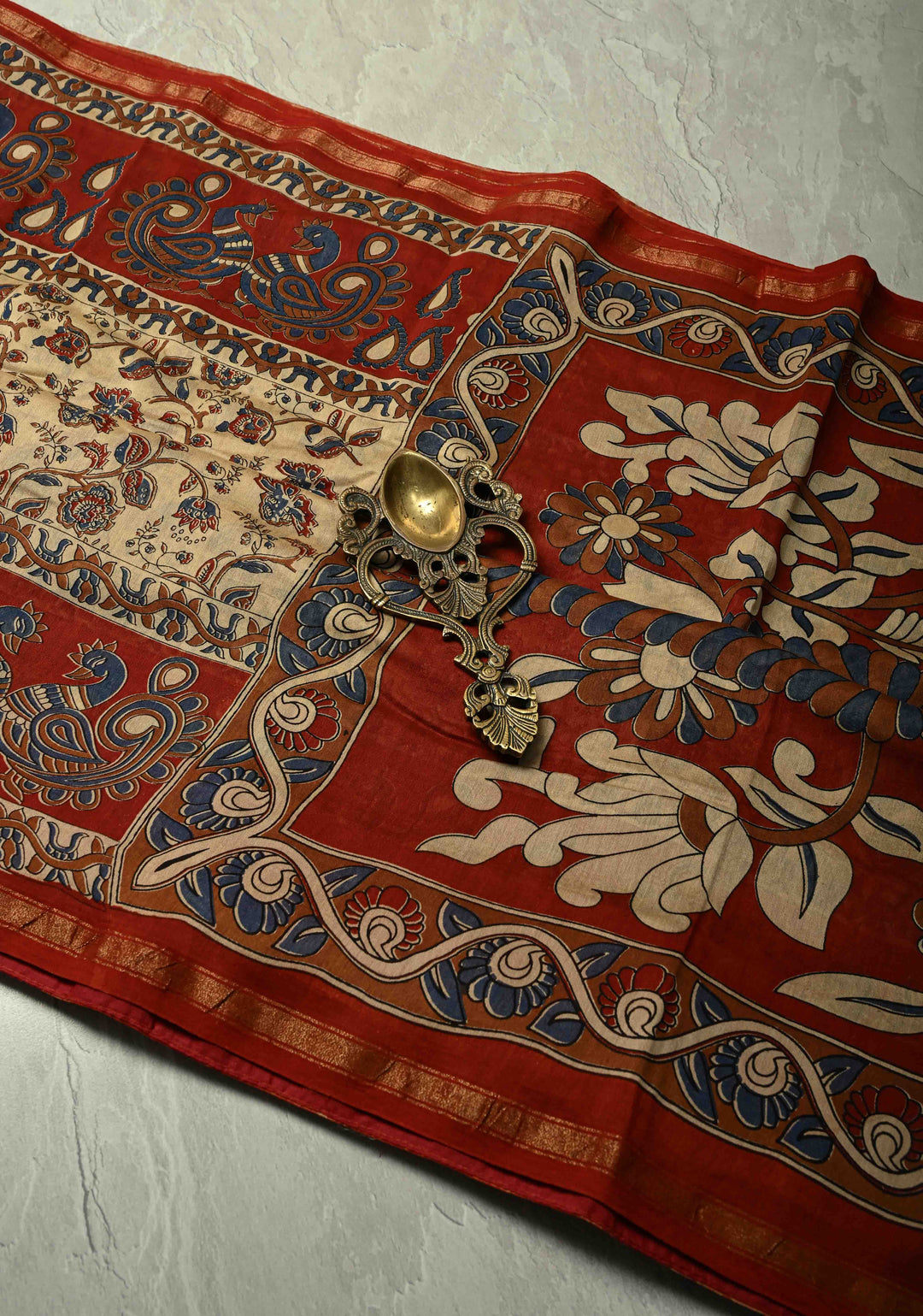 Khaki Chanderi Silk Cotton Saree with Ajrakh Hand Block Print and Minimal Zari Borders (Copy)