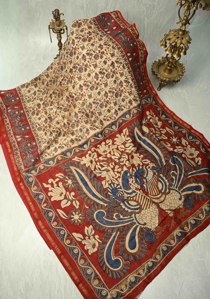 Khaki Chanderi Silk Cotton Saree with Ajrakh Hand Block Print and Minimal Zari Borders (Copy)