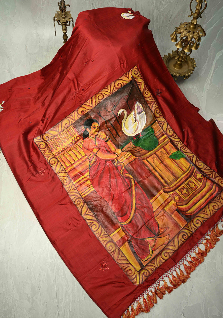 Maroon Stone work on Pure Silk Saree with Hand-Painted Damayanti and The Hamsa Motif | SILK MARK CERTIFIED | SHOBITAM