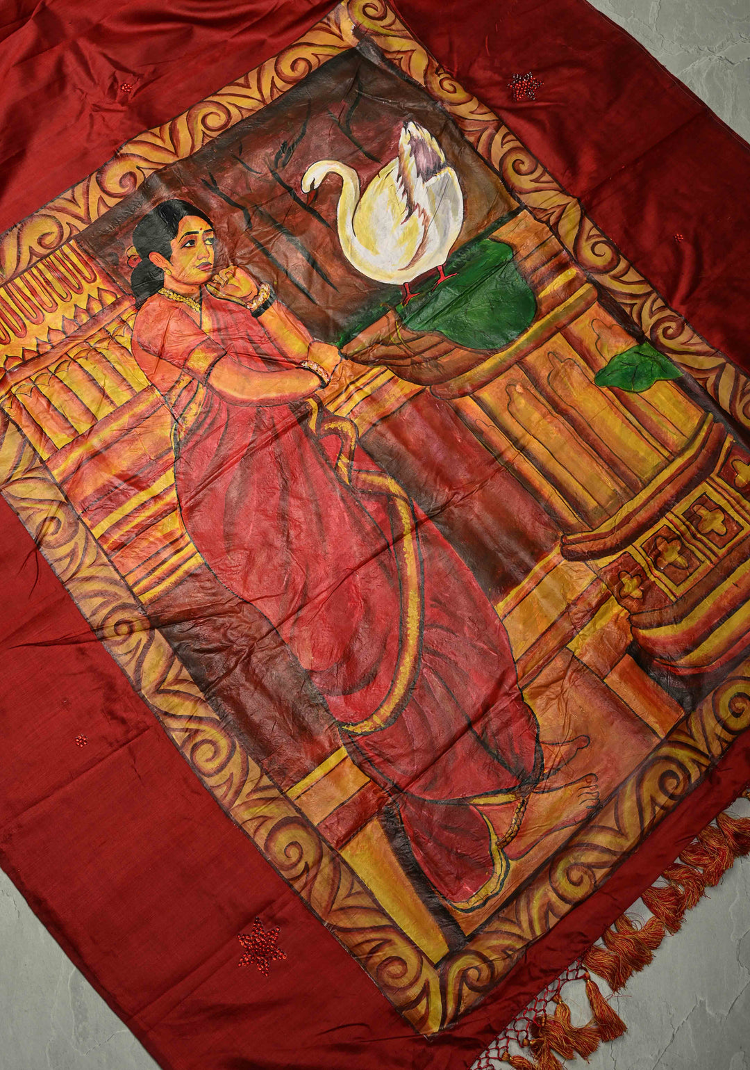 Maroon Stone work on Pure Silk Saree with Hand-Painted Damayanti and The Hamsa Motif | SILK MARK CERTIFIED | SHOBITAM
