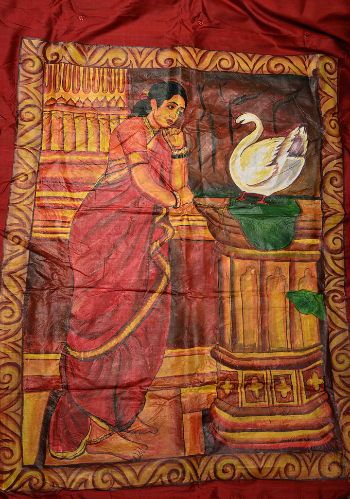 Maroon Stone work on Pure Silk Saree with Hand-Painted Damayanti and The Hamsa Motif | SILK MARK CERTIFIED | SHOBITAM
