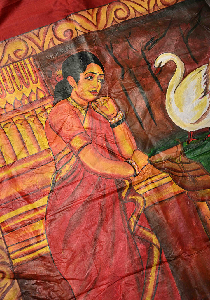 Maroon Stone work on Pure Silk Saree with Hand-Painted Damayanti and The Hamsa Motif | SILK MARK CERTIFIED | SHOBITAM