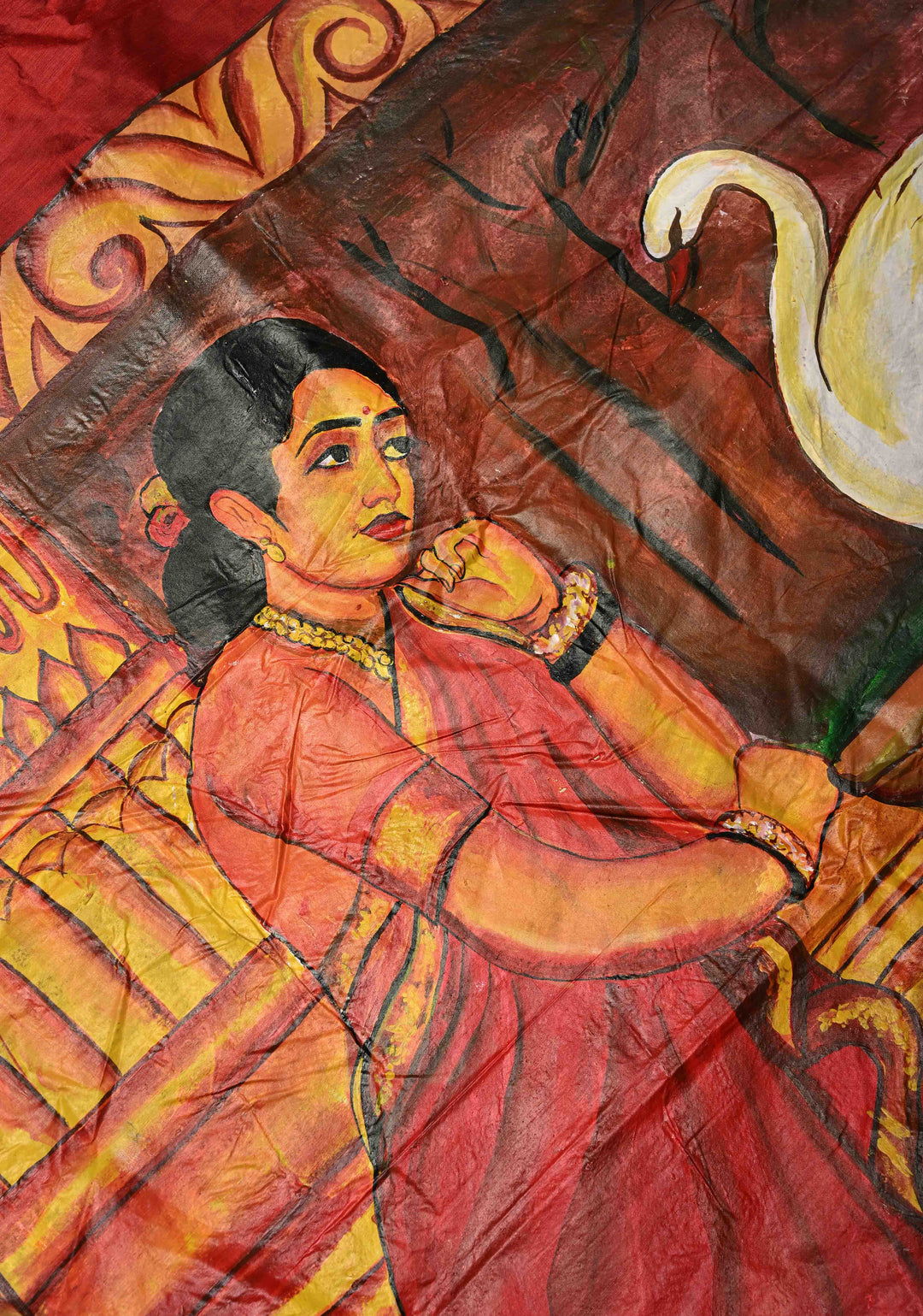 Maroon Stone work on Pure Silk Saree with Hand-Painted Damayanti and The Hamsa Motif | SILK MARK CERTIFIED | SHOBITAM