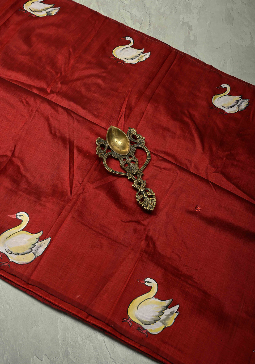 Maroon Stone work on Pure Silk Saree with Hand-Painted Damayanti and The Hamsa Motif | SILK MARK CERTIFIED | SHOBITAM
