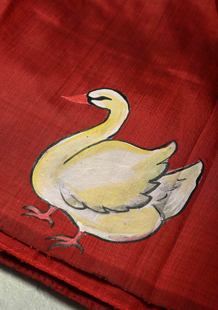 Maroon Stone work on Pure Silk Saree with Hand-Painted Damayanti and The Hamsa Motif | SILK MARK CERTIFIED | SHOBITAM
