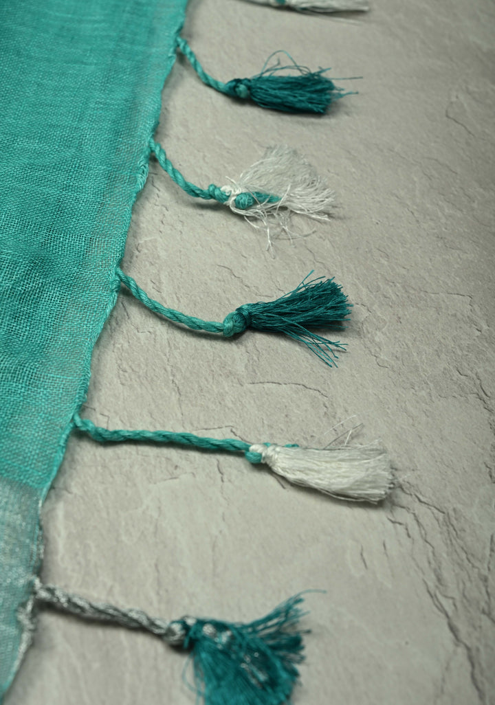 Turquoise Pure Linen by Linen Saree with Wide Zari Border | SHOBITAM