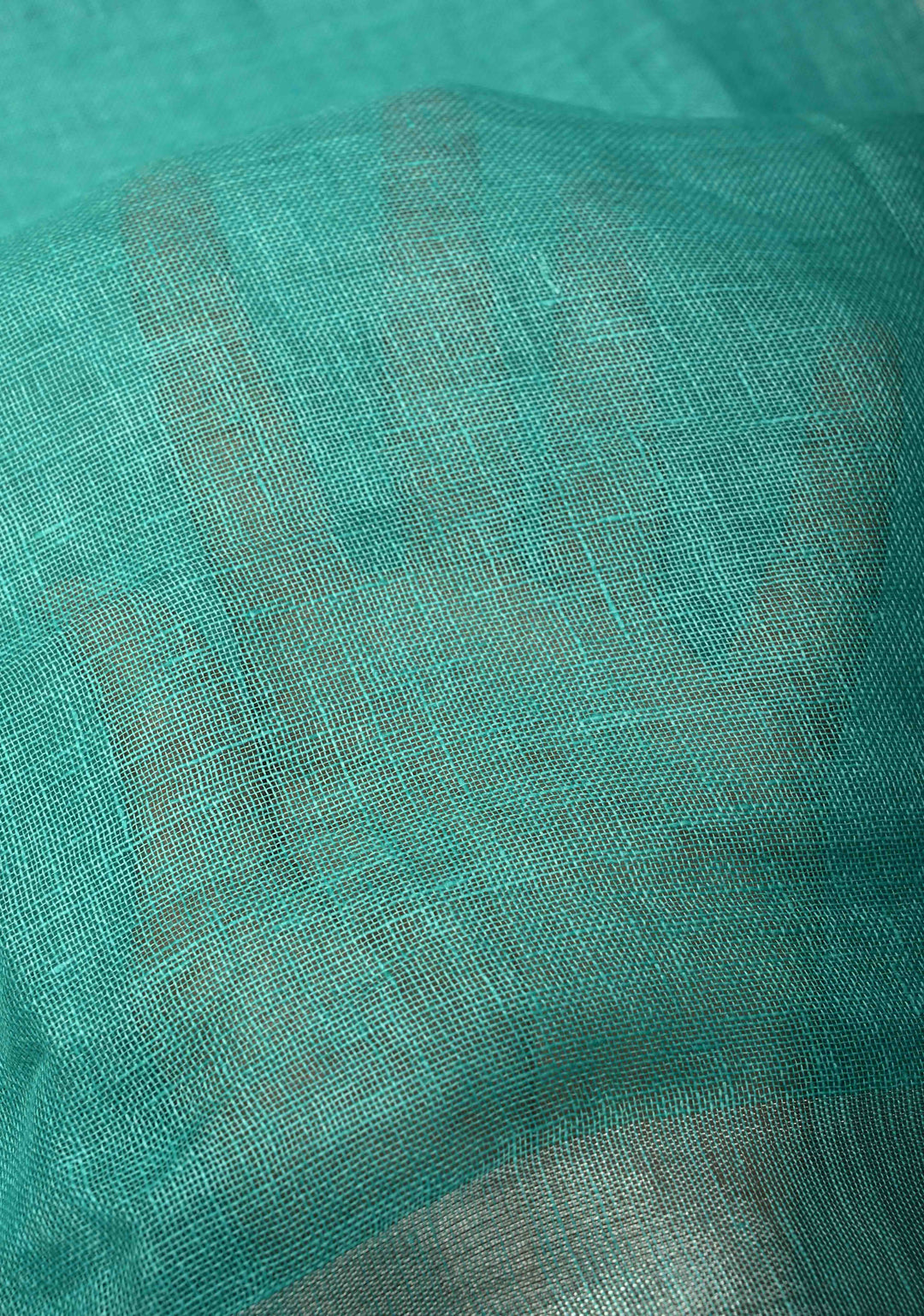 Turquoise Pure Linen by Linen Saree with Wide Zari Border | SHOBITAM