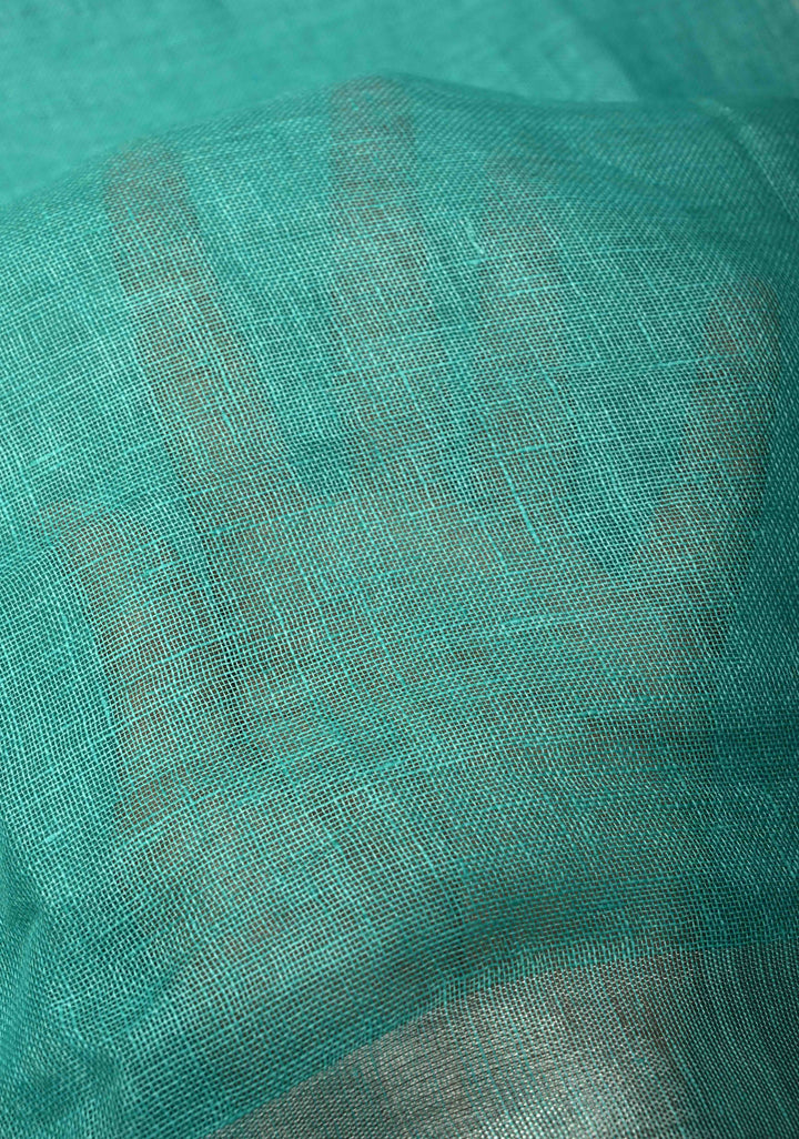 Turquoise Pure Linen by Linen Saree with Wide Zari Border | SHOBITAM