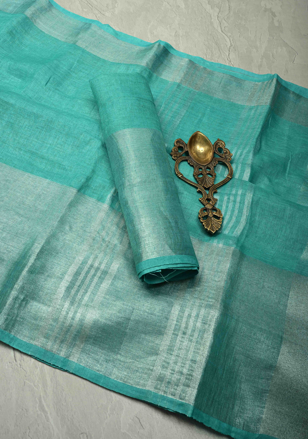 Turquoise Pure Linen by Linen Saree with Wide Zari Border | SHOBITAM
