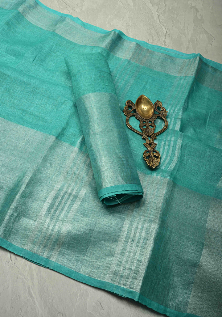 Turquoise Pure Linen by Linen Saree with Wide Zari Border | SHOBITAM