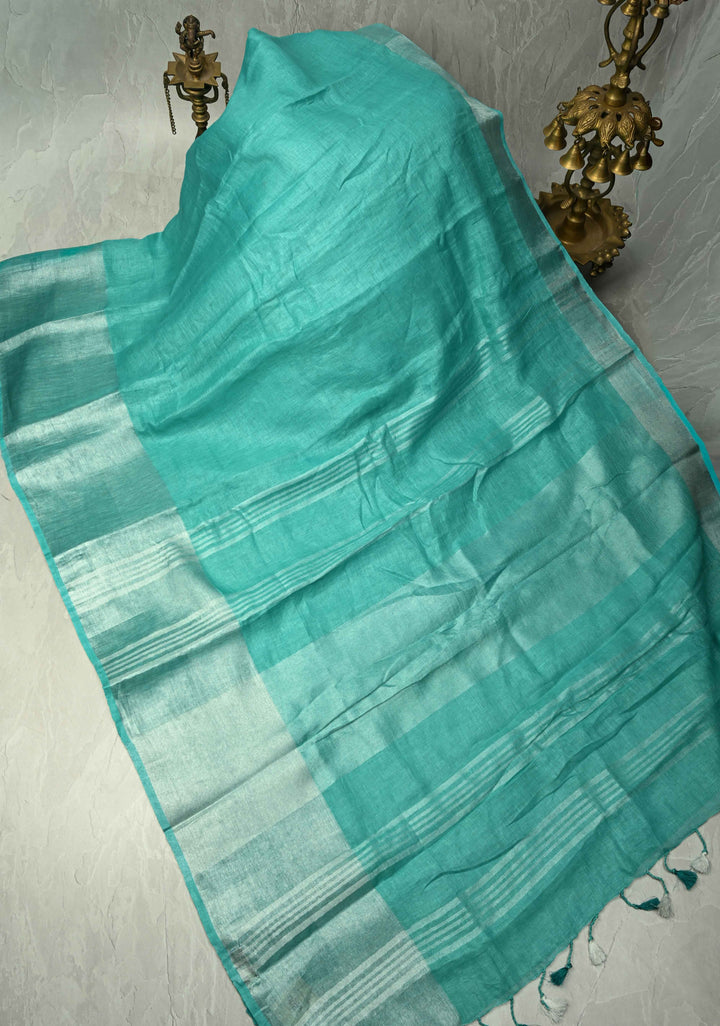 Turquoise Pure Linen by Linen Saree with Wide Zari Border | SHOBITAM