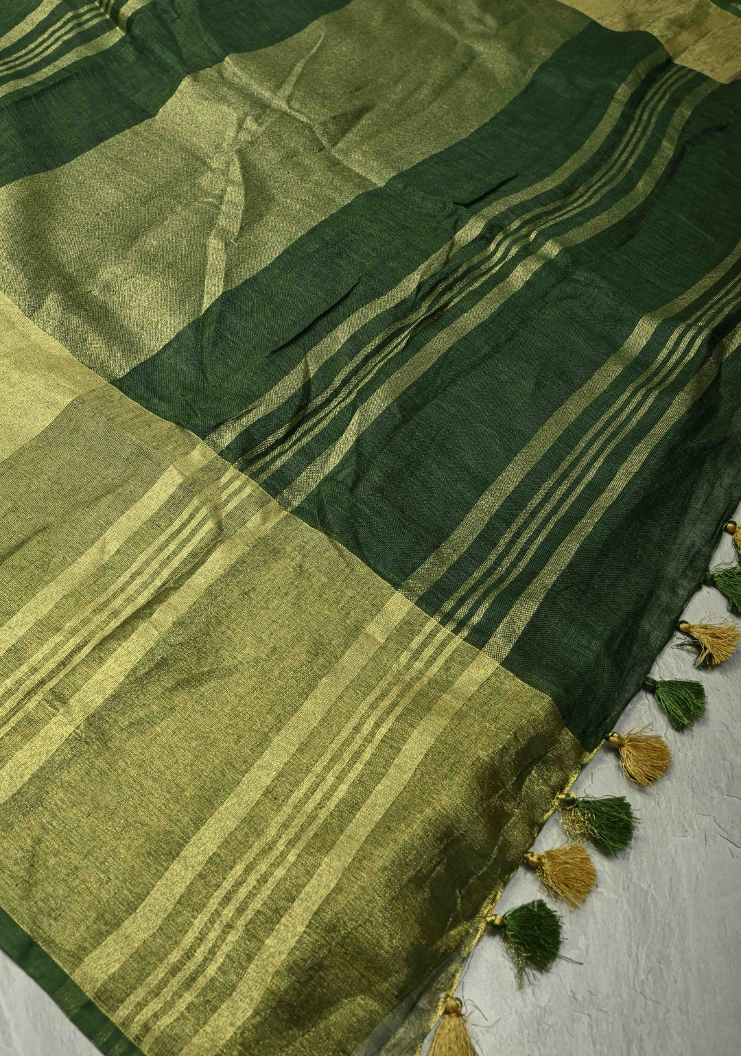 Forest Green Pure Linen by Linen Saree with Wide Zari Border