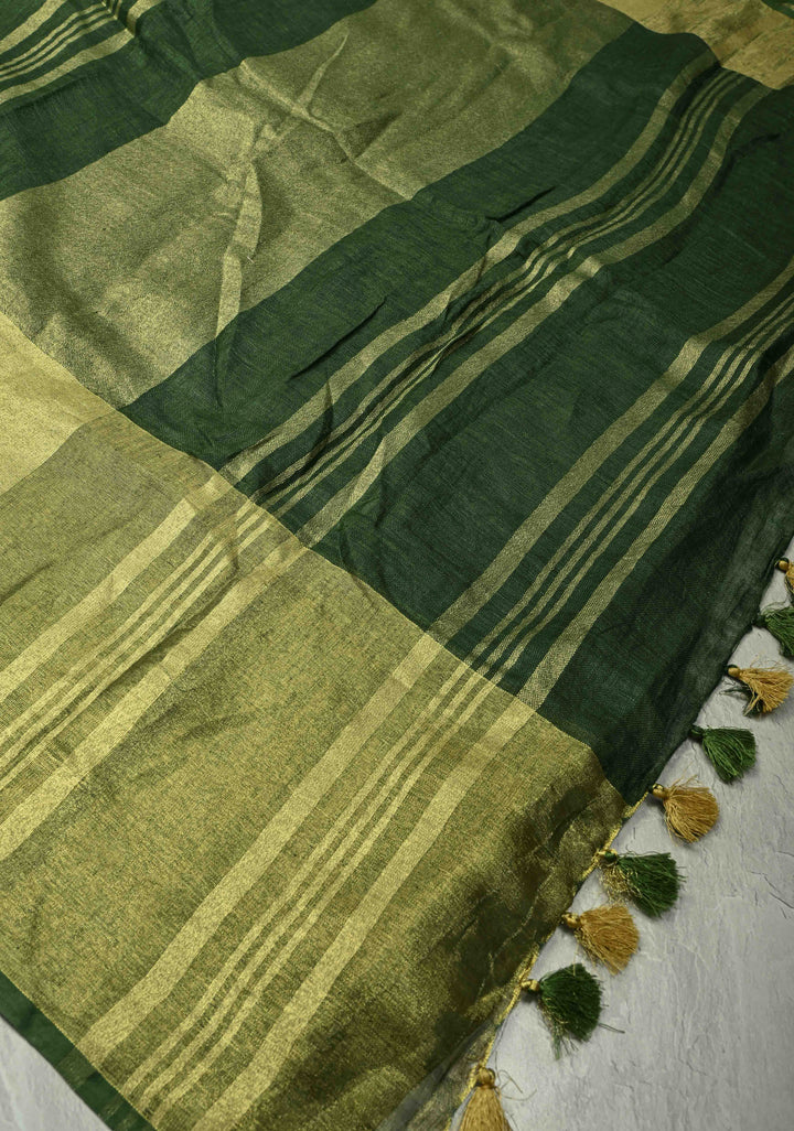 Forest Green Pure Linen by Linen Saree with Wide Zari Border
