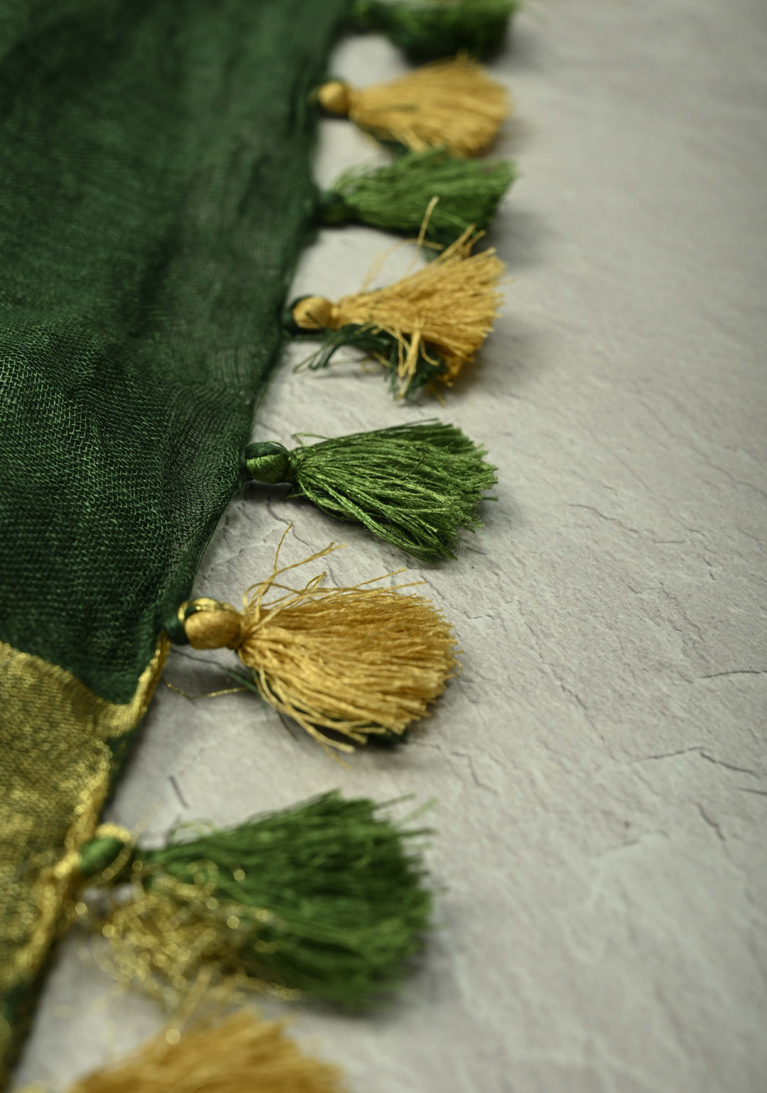 Forest Green Pure Linen by Linen Saree with Wide Zari Border