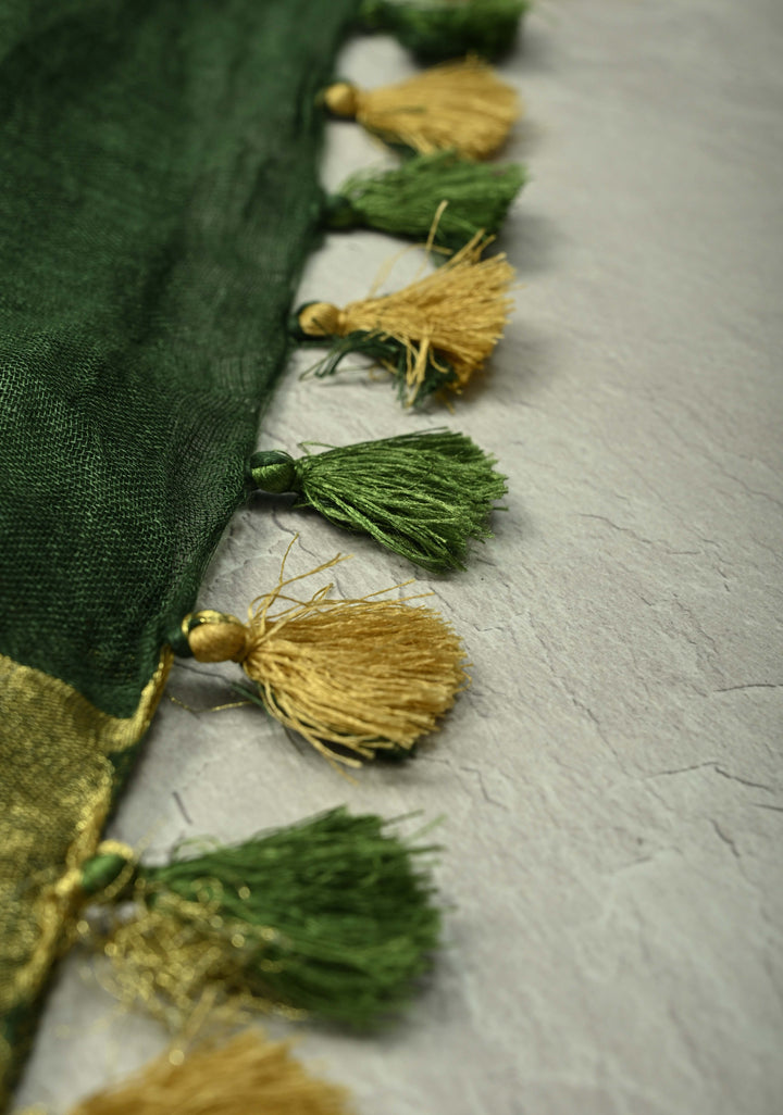Forest Green Pure Linen by Linen Saree with Wide Zari Border
