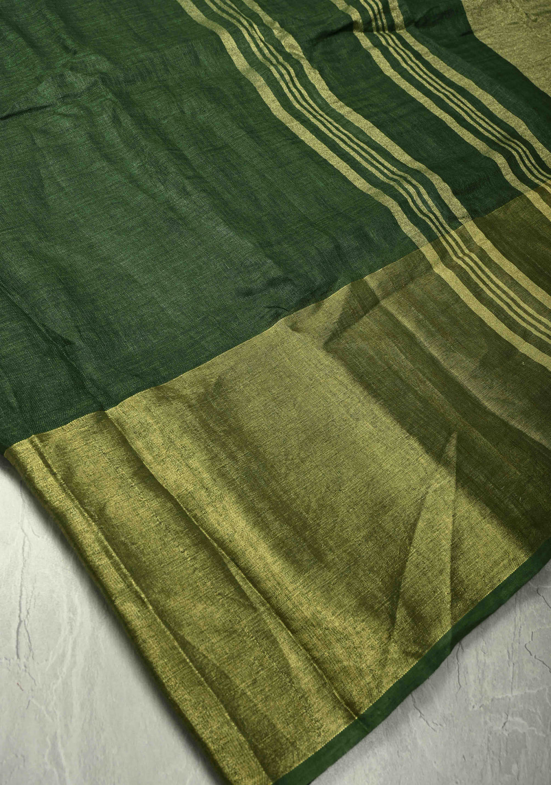 Forest Green Pure Linen by Linen Saree with Wide Zari Border