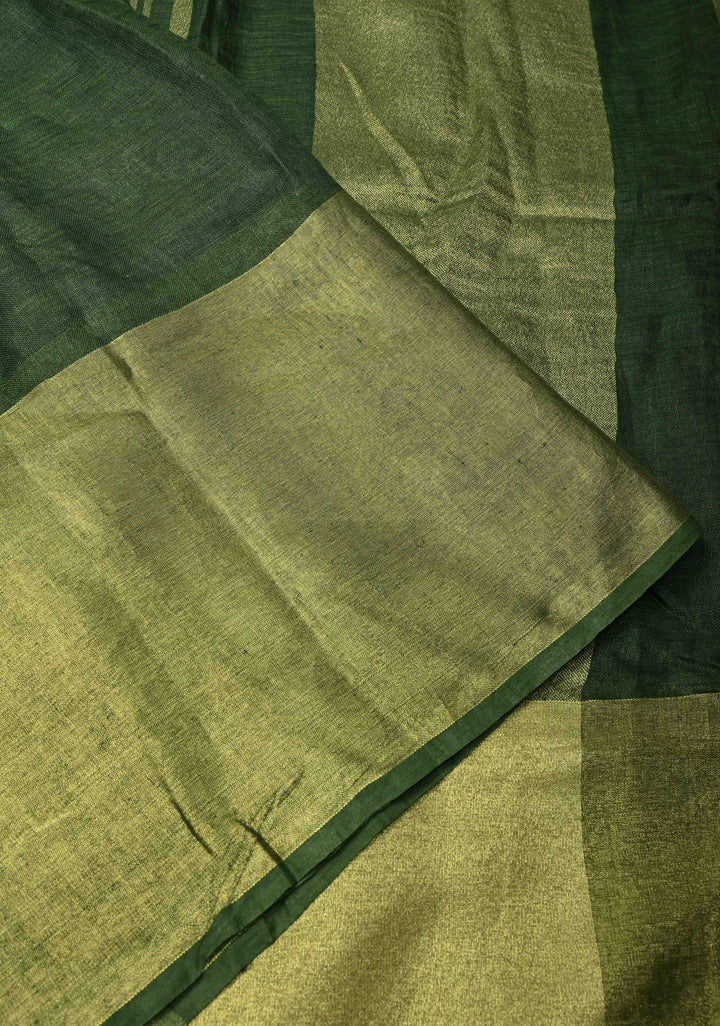 Forest Green Pure Linen by Linen Saree with Wide Zari Border