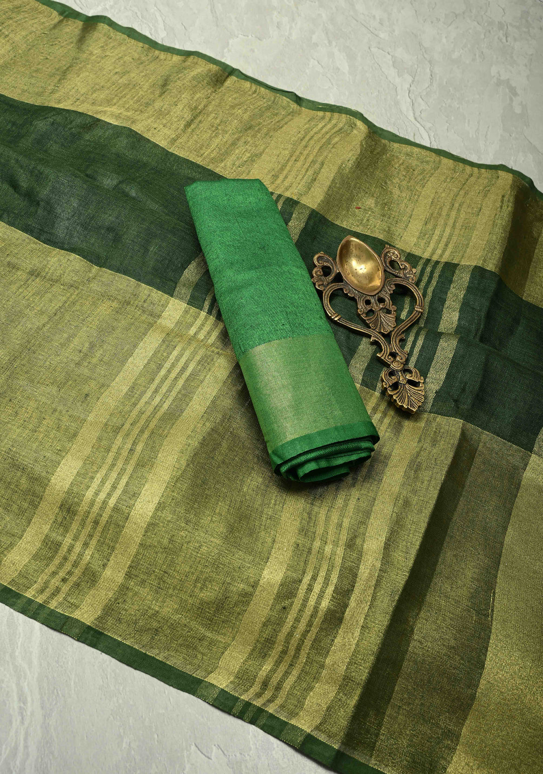 Forest Green Pure Linen by Linen Saree with Wide Zari Border