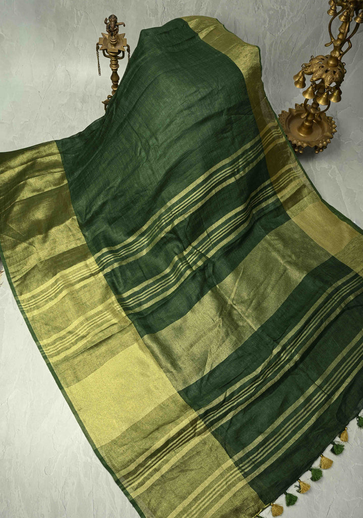 Forest Green Pure Linen by Linen Saree with Wide Zari Border