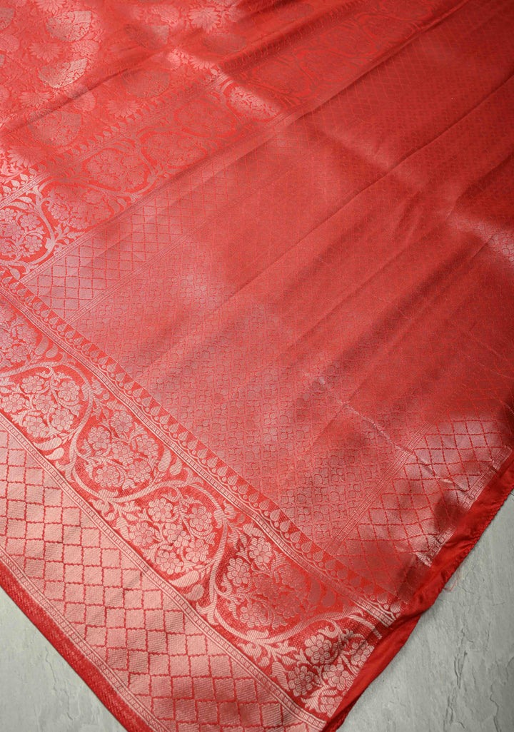 Scarlet Red Semi Tussar Tissue Saree with Floral Brocade and Zari Border