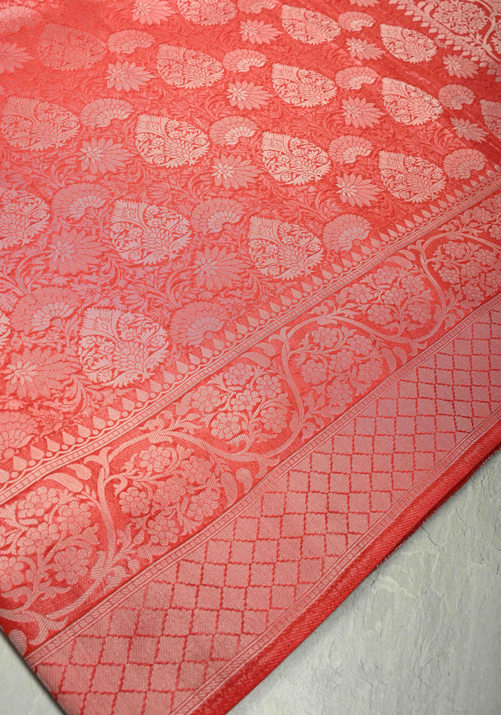 Scarlet Red Semi Tussar Tissue Saree with Floral Brocade and Zari Border