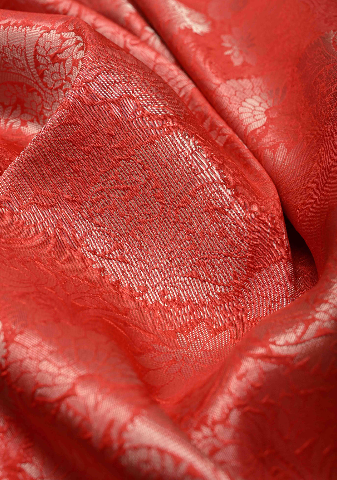 Scarlet Red Semi Tussar Tissue Saree with Floral Brocade and Zari Border