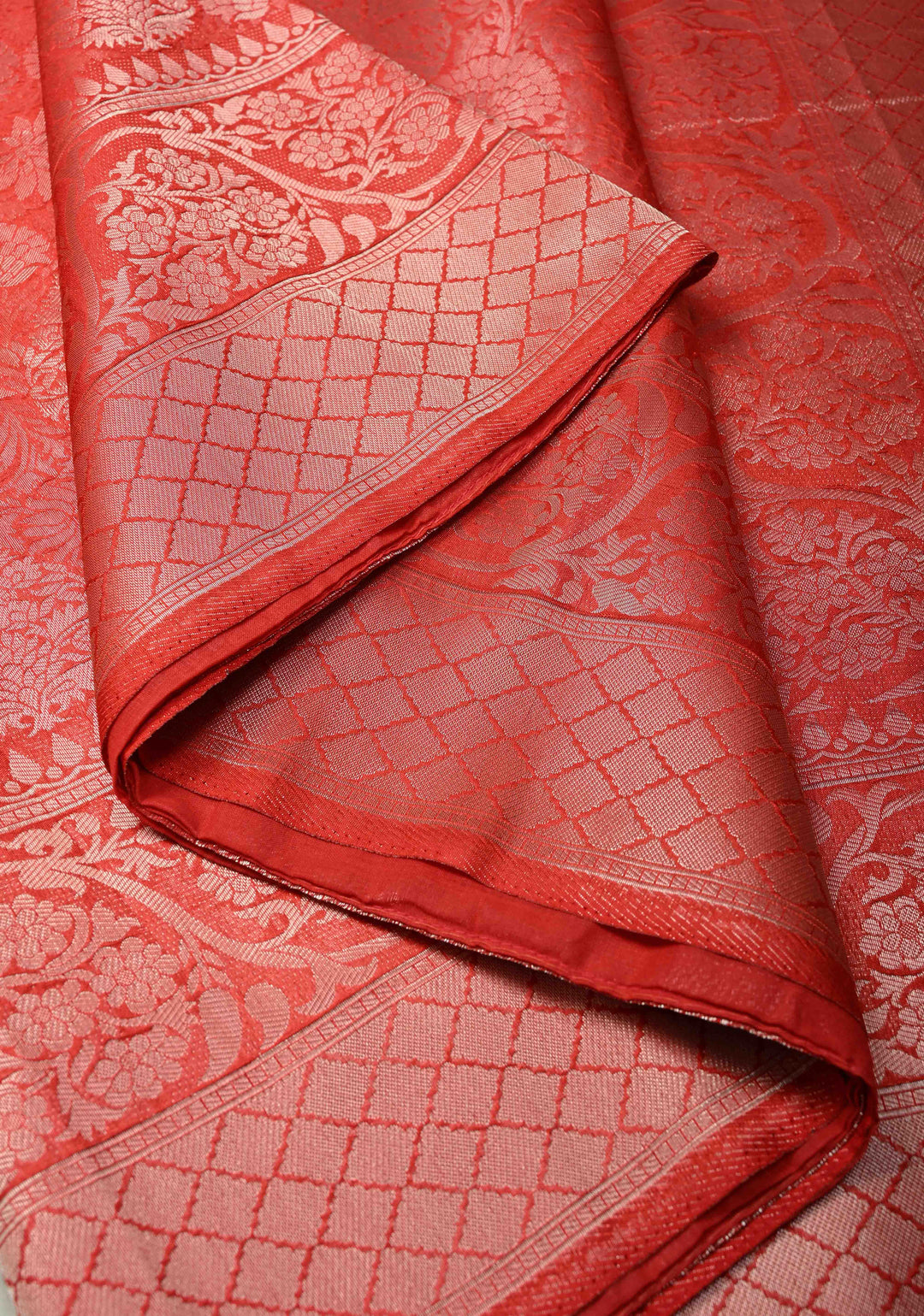 Scarlet Red Semi Tussar Tissue Saree with Floral Brocade and Zari Border