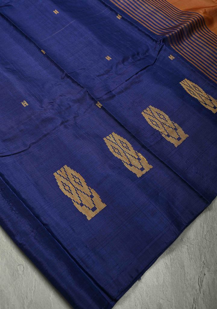 Indigo Purple Borderless Vegan Silk Handloom Saree with Resham Motifs and Contrast Pallu, No Blouse Piece