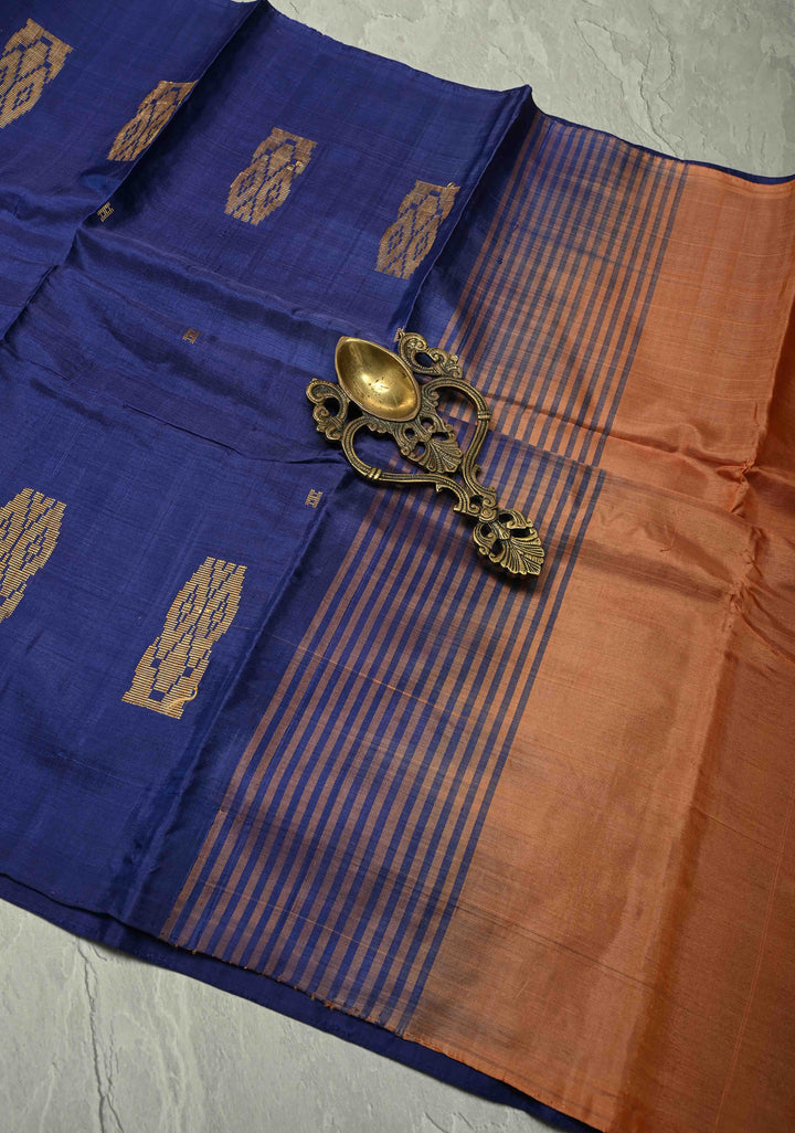 Indigo Purple Borderless Vegan Silk Handloom Saree with Resham Motifs and Contrast Pallu, No Blouse Piece