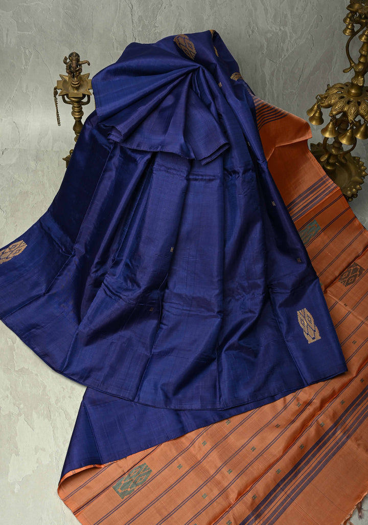Indigo Purple Borderless Vegan Silk Handloom Saree with Resham Motifs and Contrast Pallu, No Blouse Piece