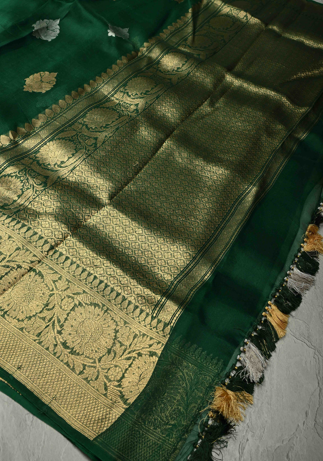Bottle Green Banarasi Semi Kora Saree with Sona Rupa Buttas and Zari Border