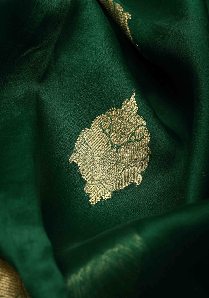 Bottle Green Banarasi Semi Kora Saree with Sona Rupa Buttas and Zari Border