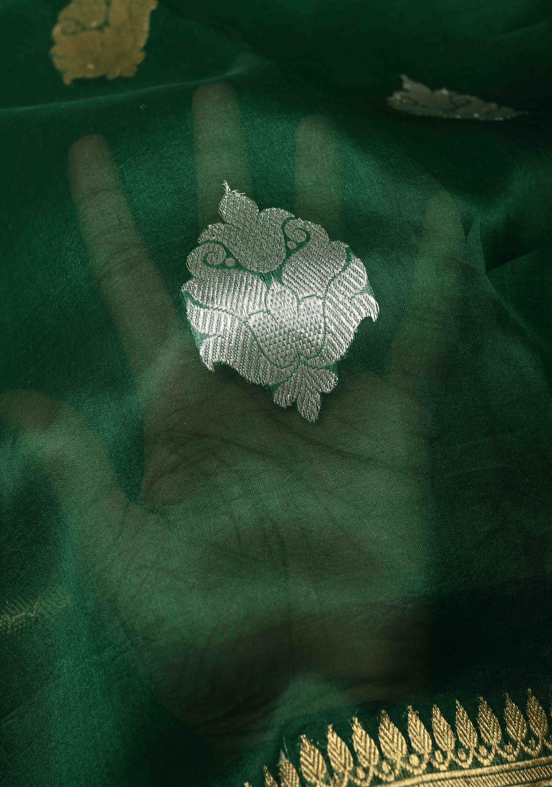 Bottle Green Banarasi Semi Kora Saree with Sona Rupa Buttas and Zari Border