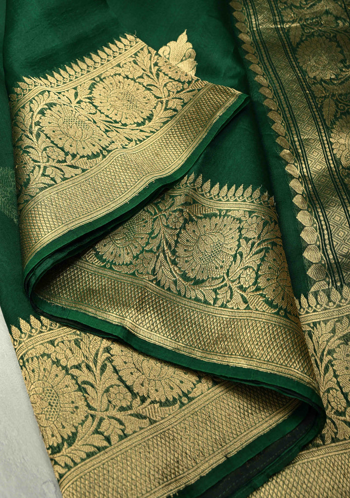 Bottle Green Banarasi Semi Kora Saree with Sona Rupa Buttas and Zari Border
