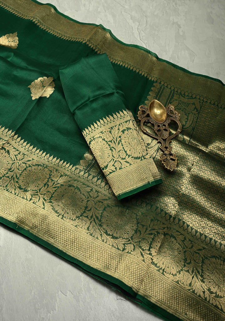 Bottle Green Banarasi Semi Kora Saree with Sona Rupa Buttas and Zari Border