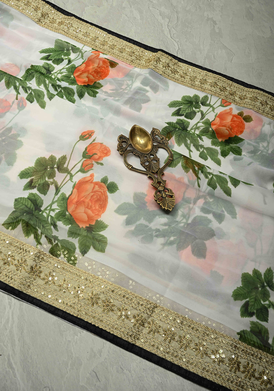 Off White Georgette Saree with Blossom Rose Floral Digital Print with Lace Border, No Blouse Piece (Copy)