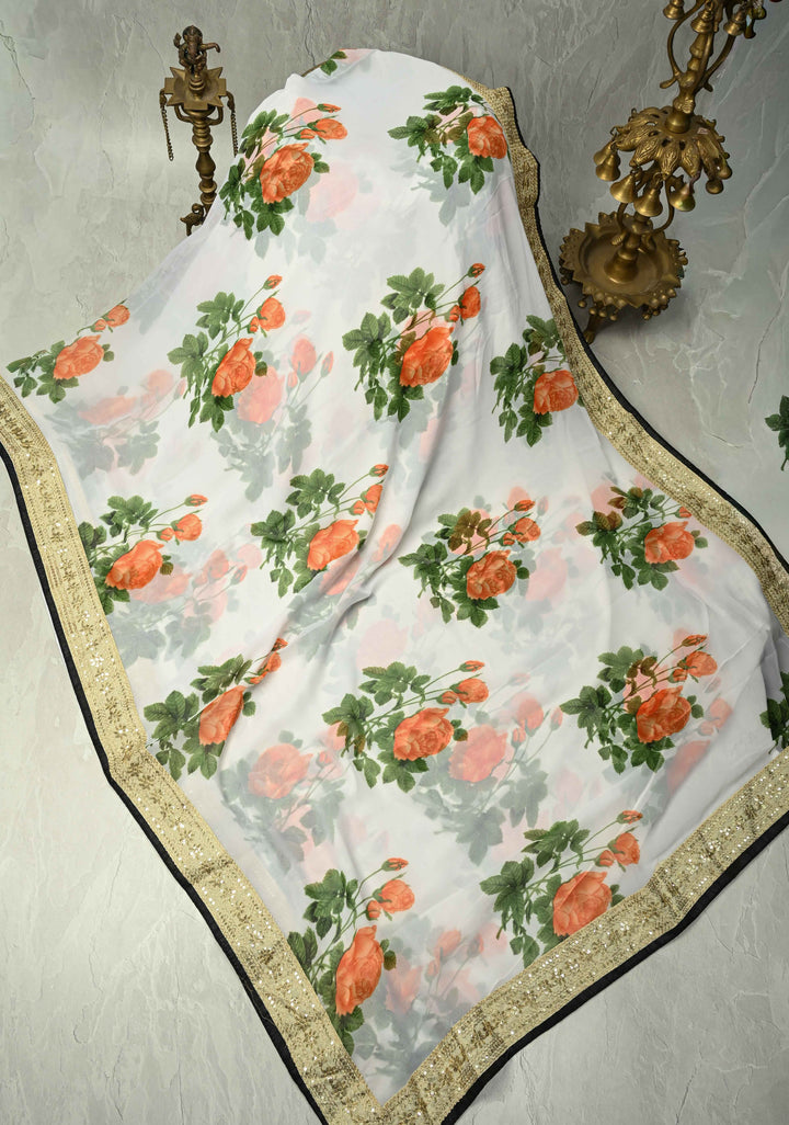 Off White Georgette Saree with Blossom Rose Floral Digital Print with Lace Border, No Blouse Piece (Copy)