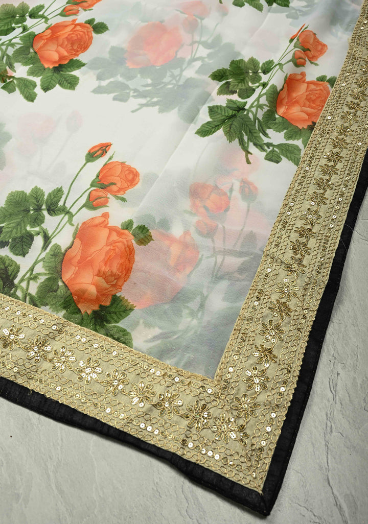 Off White Georgette Saree with Blossom Rose Floral Digital Print with Lace Border, No Blouse Piece (Copy)