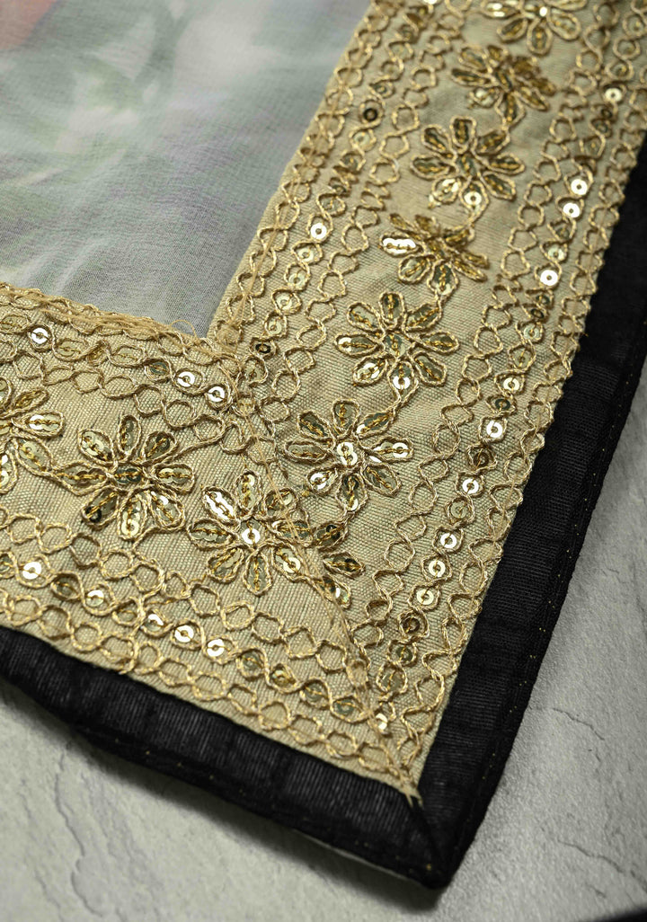 Off White Georgette Saree with Blossom Rose Floral Digital Print with Lace Border, No Blouse Piece (Copy)