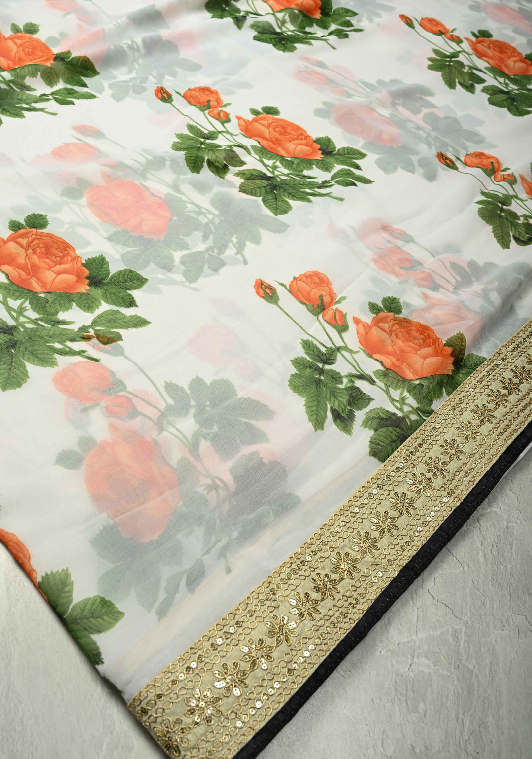 Off White Georgette Saree with Blossom Rose Floral Digital Print with Lace Border, No Blouse Piece (Copy)