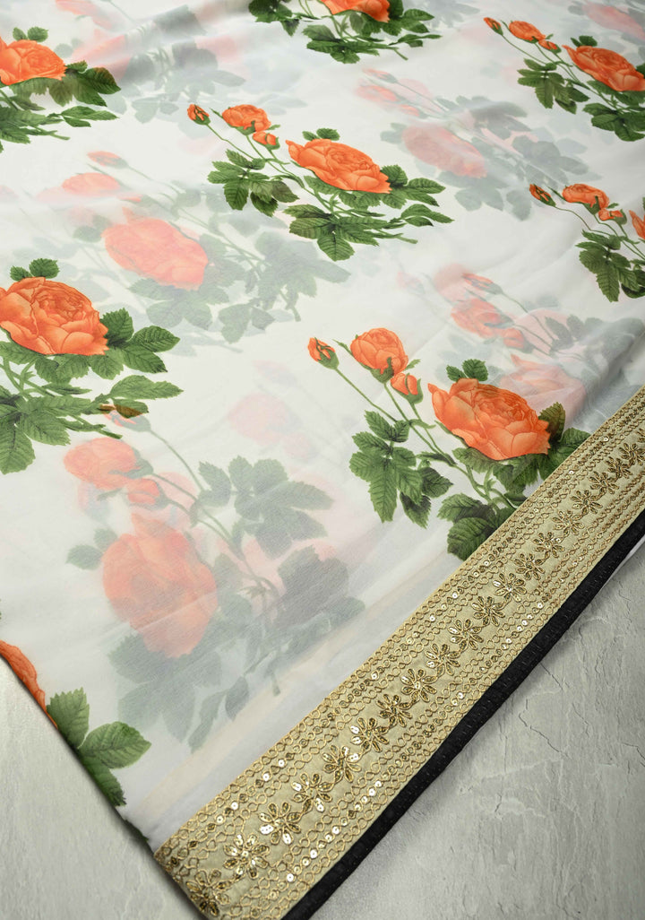 Off White Georgette Saree with Blossom Rose Floral Digital Print with Lace Border, No Blouse Piece (Copy)