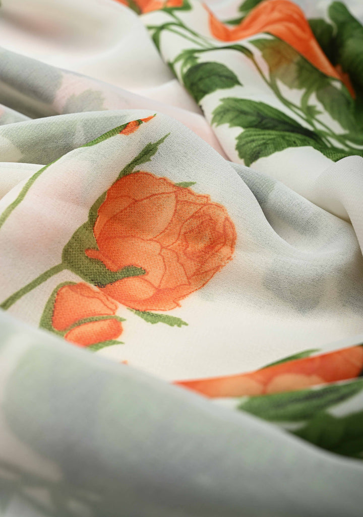 Off White Georgette Saree with Blossom Rose Floral Digital Print with Lace Border, No Blouse Piece (Copy)